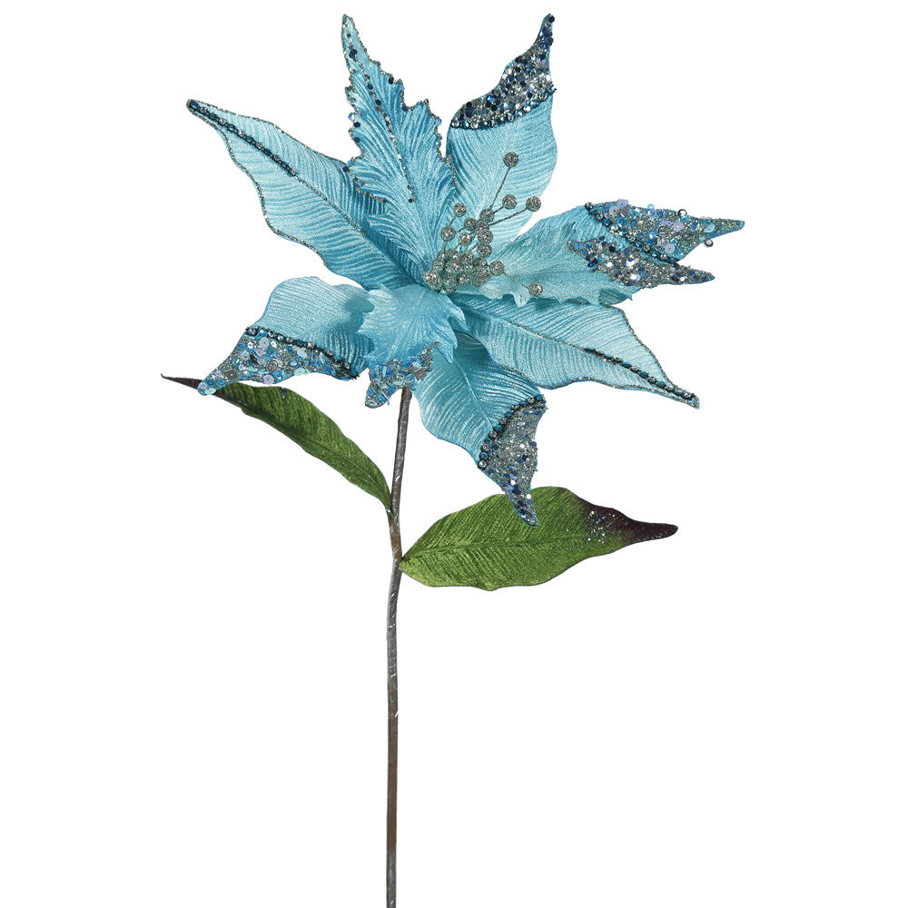 3PK - 26" Sea Blue Velvet Poinsettia 12" Glitter Flower Decor Christmas Pick
