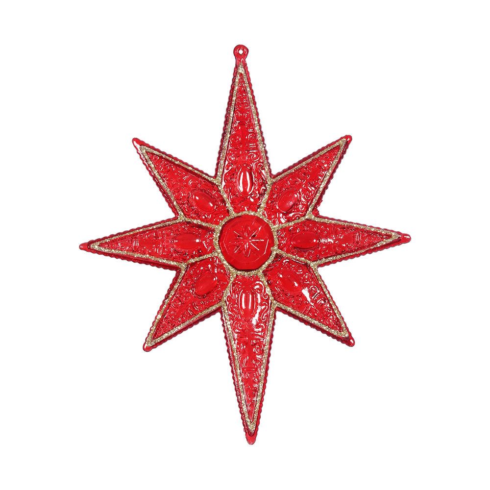 6PK - 7" Red Sculpted 8 Point Star Shatterproof w/ Glitter Christmas Ornament