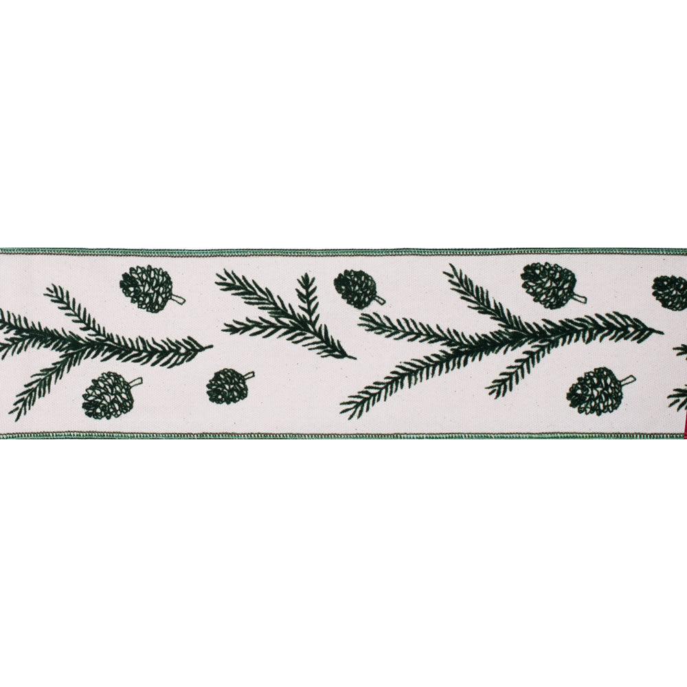 4" x 10 yd - Green Spruce Pine Cone Print Ivory Christmas Wired Ribbon