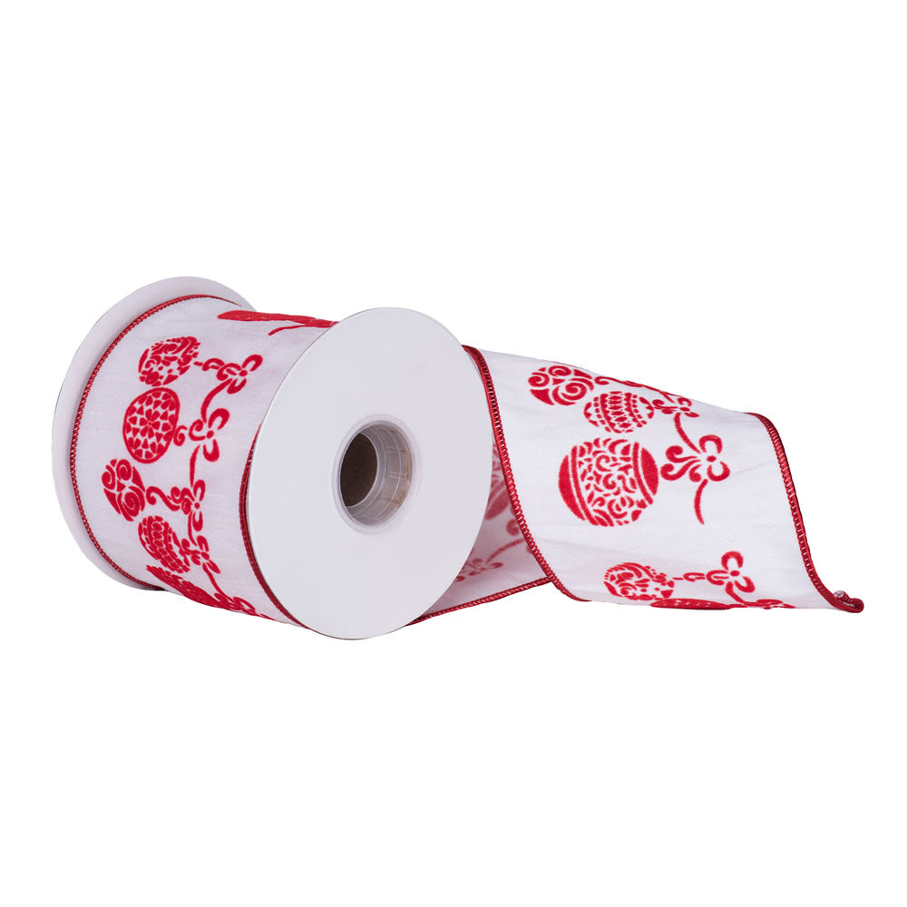 4" x 10 yd - Red Hang Ornament Print White Dupion Christmas Wired Ribbon