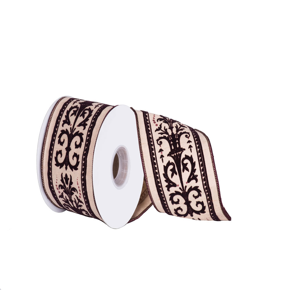 4" x 10 yd - Brown Classic Print Beige Dupion Christmas Wired Ribbon