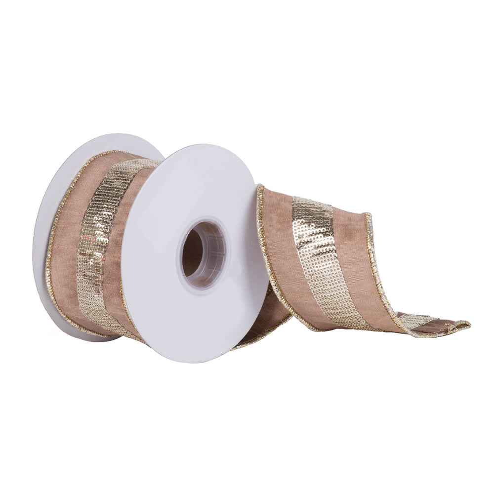 2.5" x 5 yd - Taupe Dupion w/ Gold Sequin Stripe Christmas Ribbon