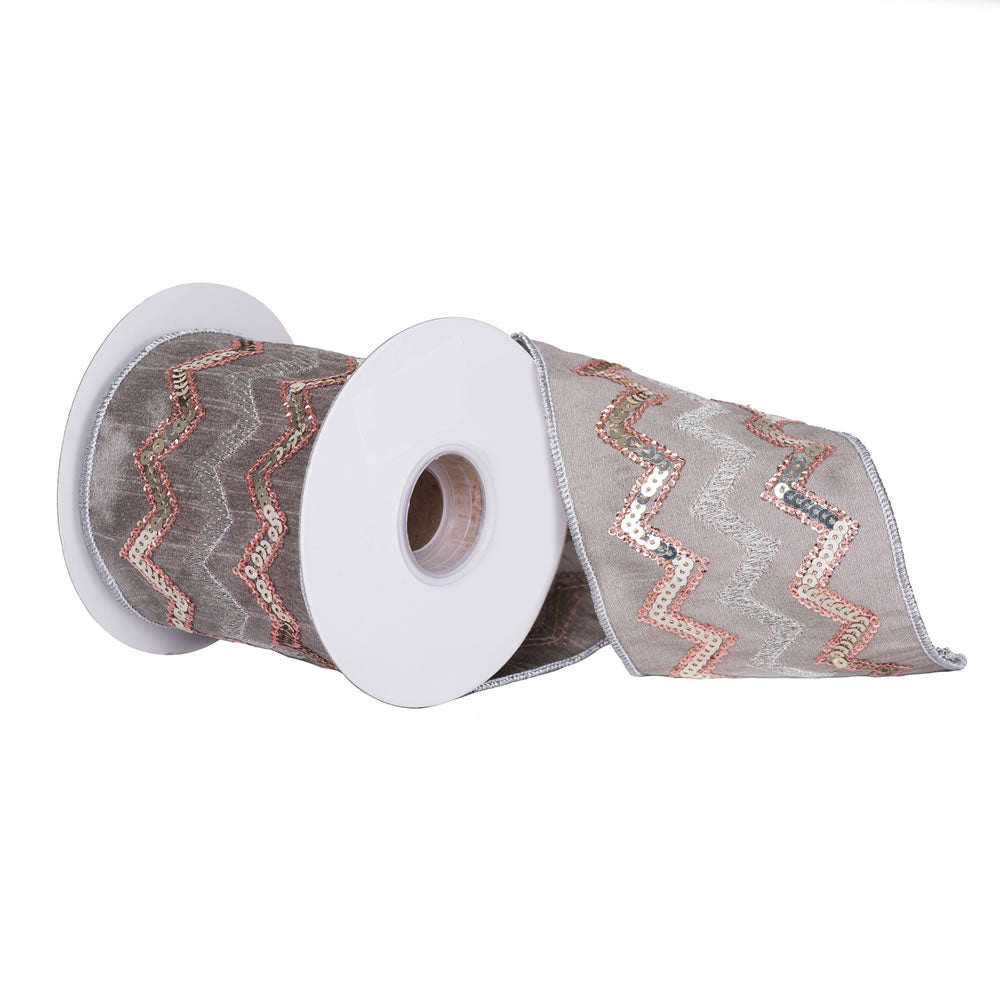 4" x 5 yd - Taupe Dupion w/ Rose Gold Sequin Chevron Pattern Christmas Ribbon