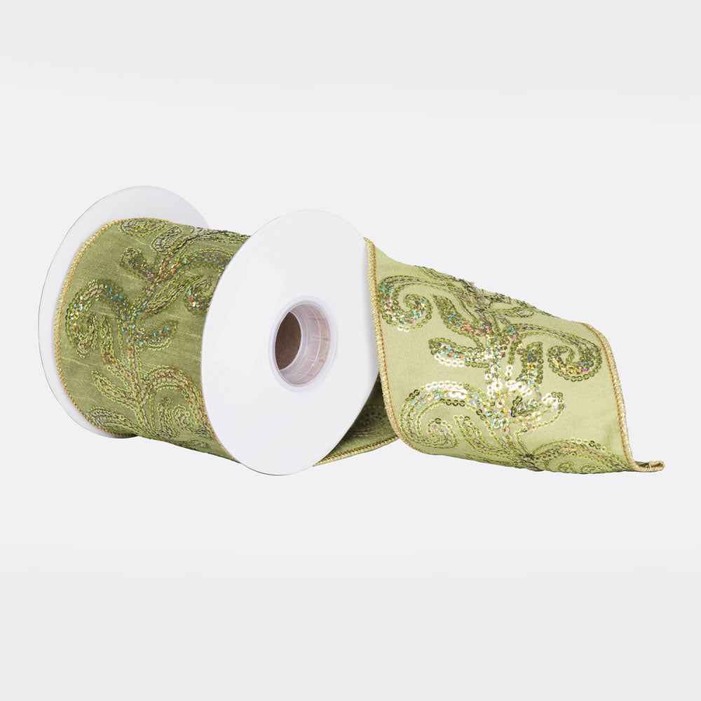 4" x 5 yd - Apple Green Dupion w/ Sequin Leaf Design Christmas Ribbon