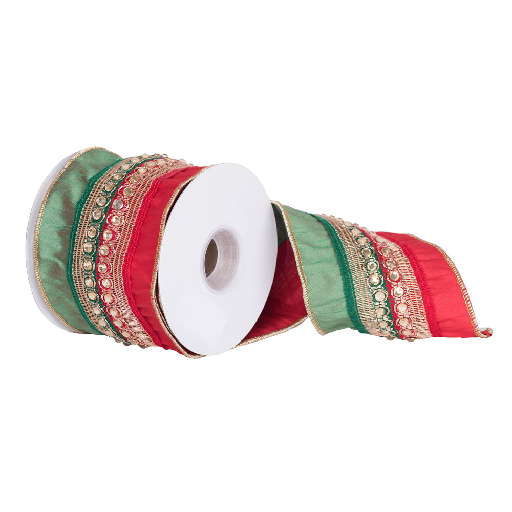 4" x 5 yd - Red and Green Dupion w/ Gold Crystal Accents Christmas Ribbon