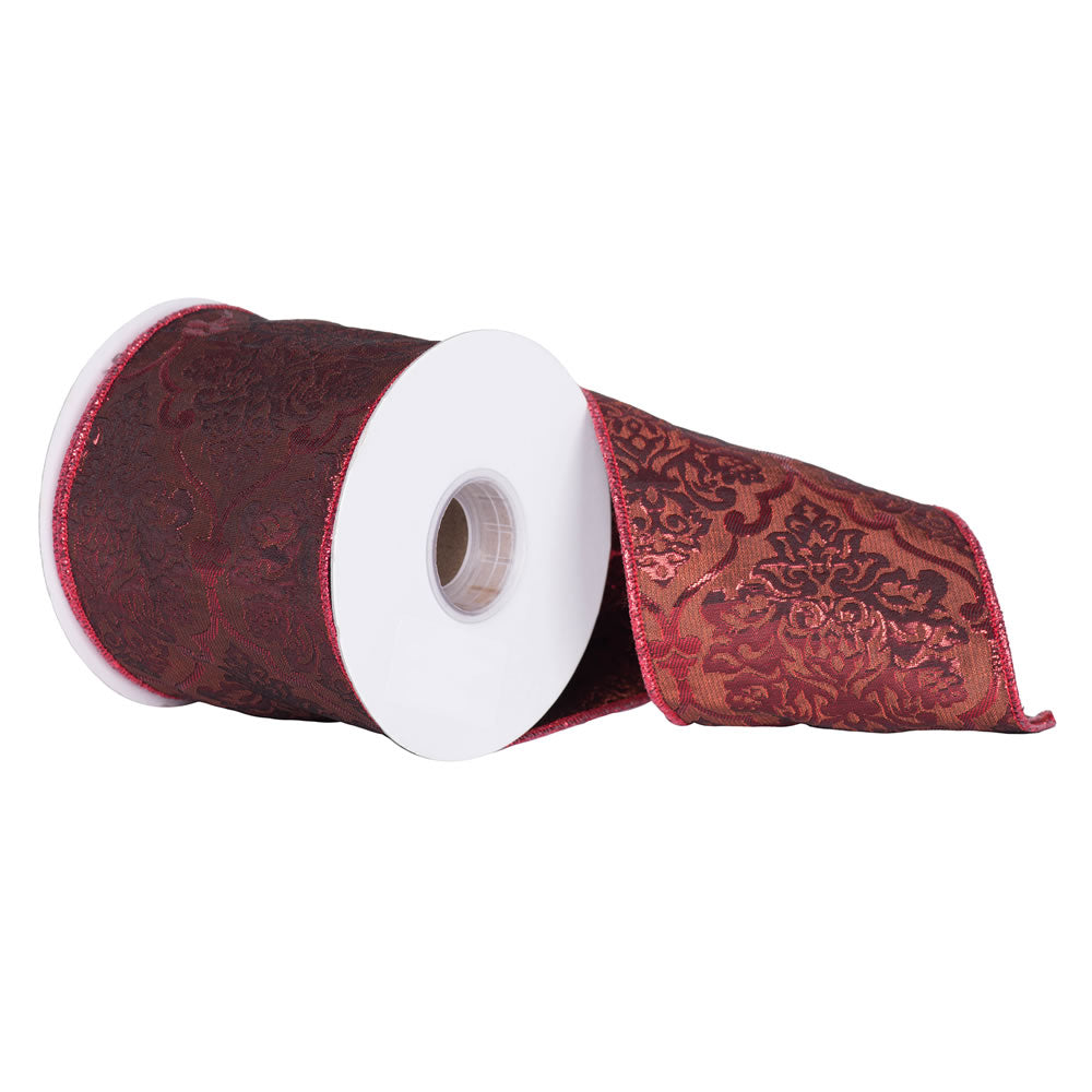 4" x 10 yd - Red and Burgundy Damask Jacquard Christmas and Craft Ribbon