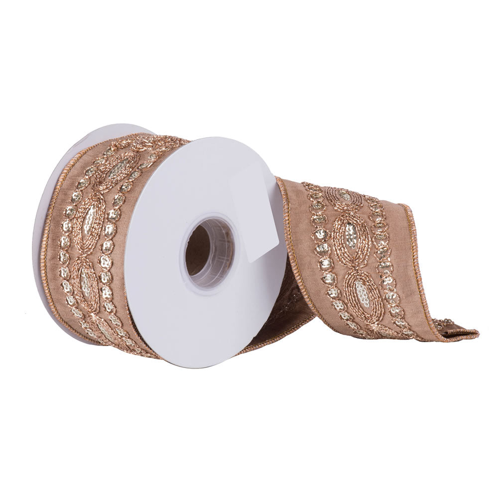 2.5" x 5 yd - Taupe Dupion w/ Copper Sequin Trim Christmas Ribbon