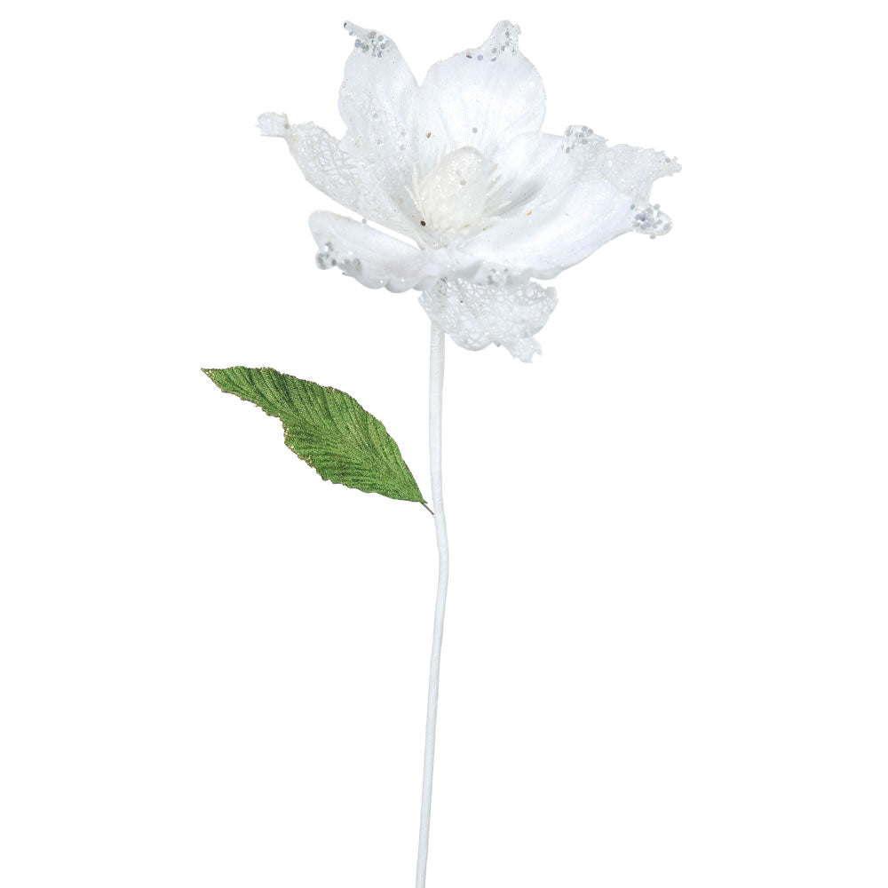 6PK - 22" White Magnolia 8" Glitter Flower Decorative Christmas Stem