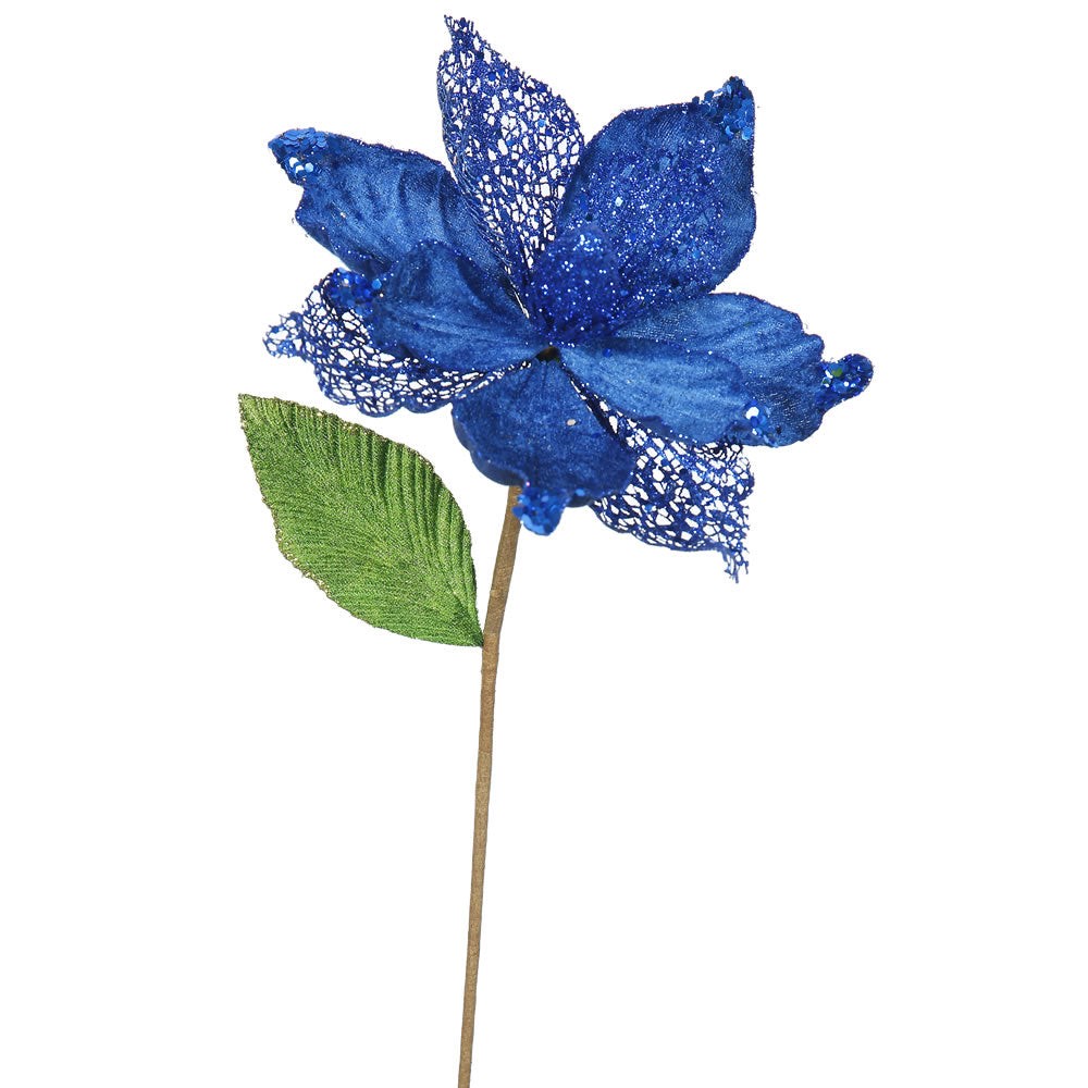 6PK - 22" Blue Magnolia 8" Glitter Flower Decorative Christmas Stem