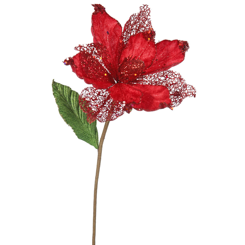 6PK - 22" Red Magnolia 8" Glitter Flower Decorative Christmas Stem