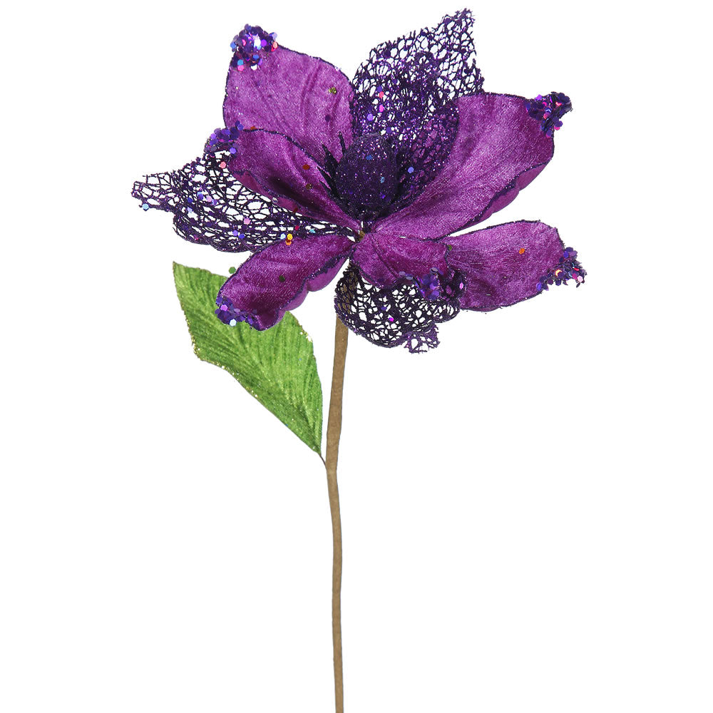 6PK - 22" Purple Magnolia 8" Glitter Flower Decorative Christmas Stem