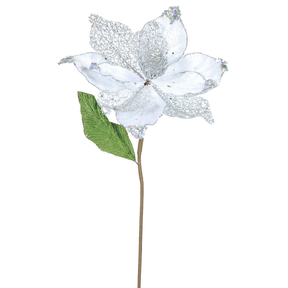 6PK - 22" Silver Magnolia 8" Glitter Flower Decorative Christmas Stem