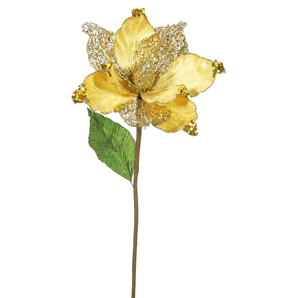 6PK - 22" Gold Magnolia 8" Glitter Flower Decorative Christmas Stem