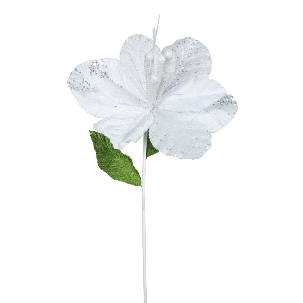 6PK - 22" White Amaryllis 10" Glitter Flower Decorative Christmas Stem