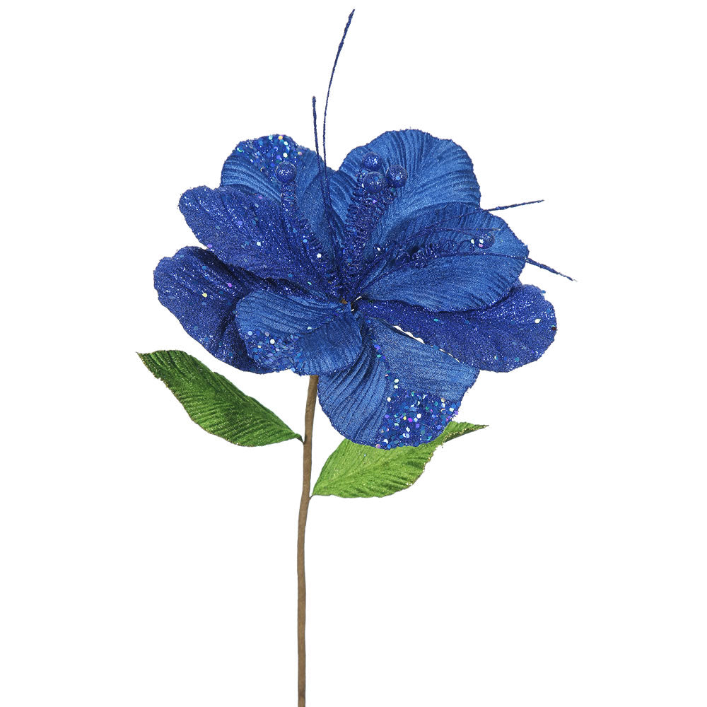 6PK - 22" Blue Amaryllis 10" Glitter Flower Decorative Christmas Stem