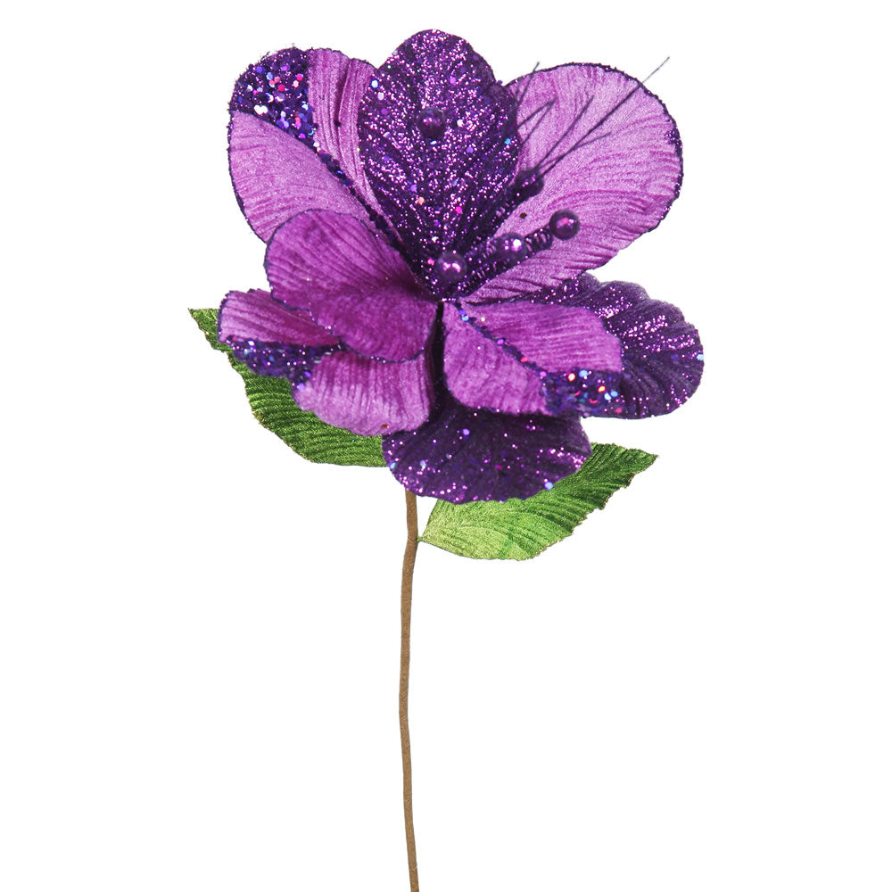 6PK - 22" Purple Amaryllis 10" Glitter Flower Decorative Christmas Stem