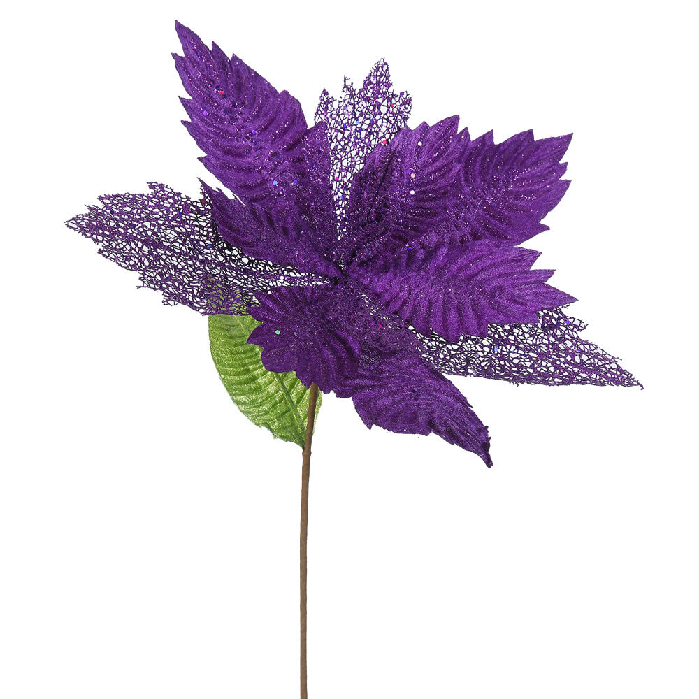 6PK - 22" Purple Poinsettia 15" Glitter Flower Decorative Christmas Stem