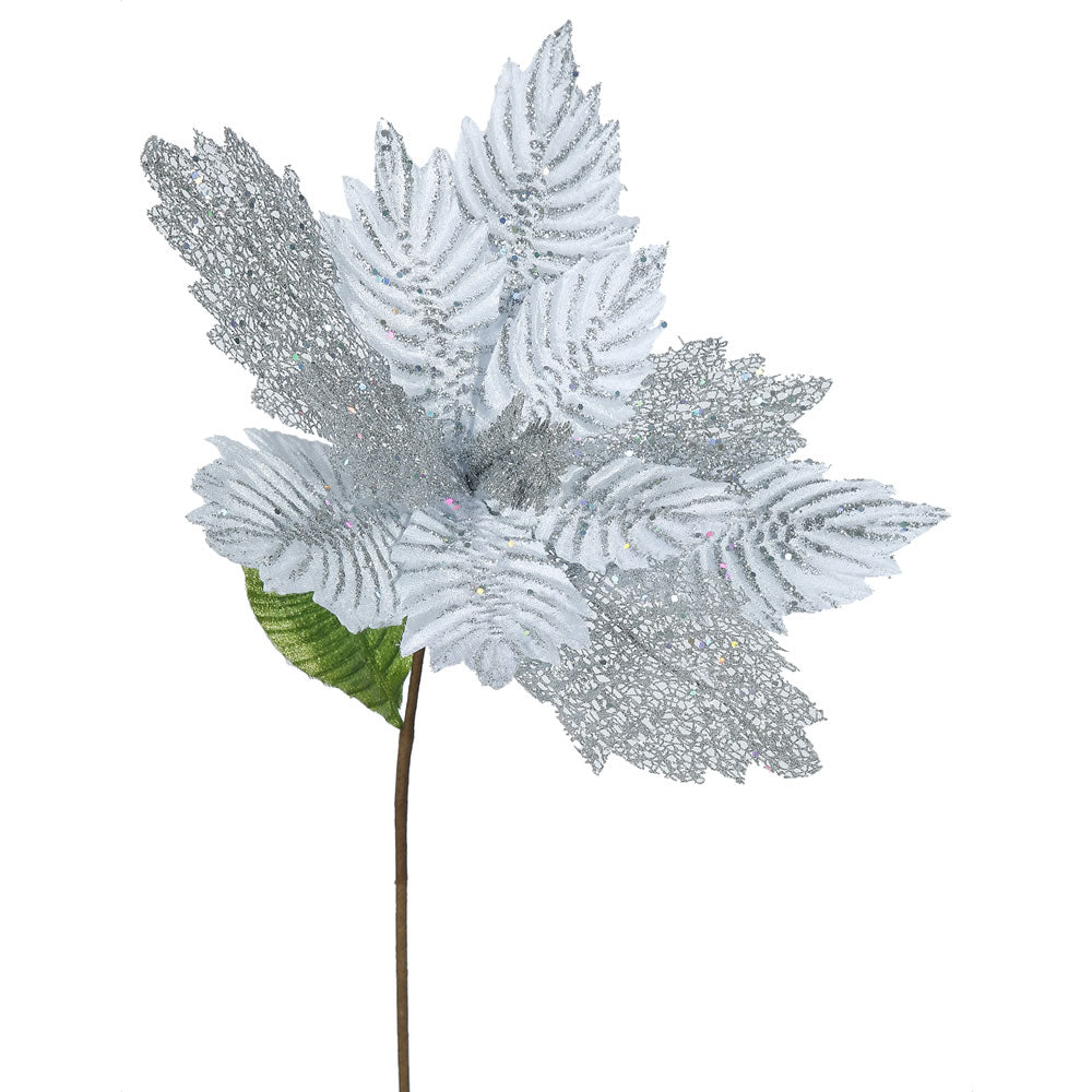 6PK - 22" Silver Poinsettia 15" Glitter Flower Decorative Christmas Stem