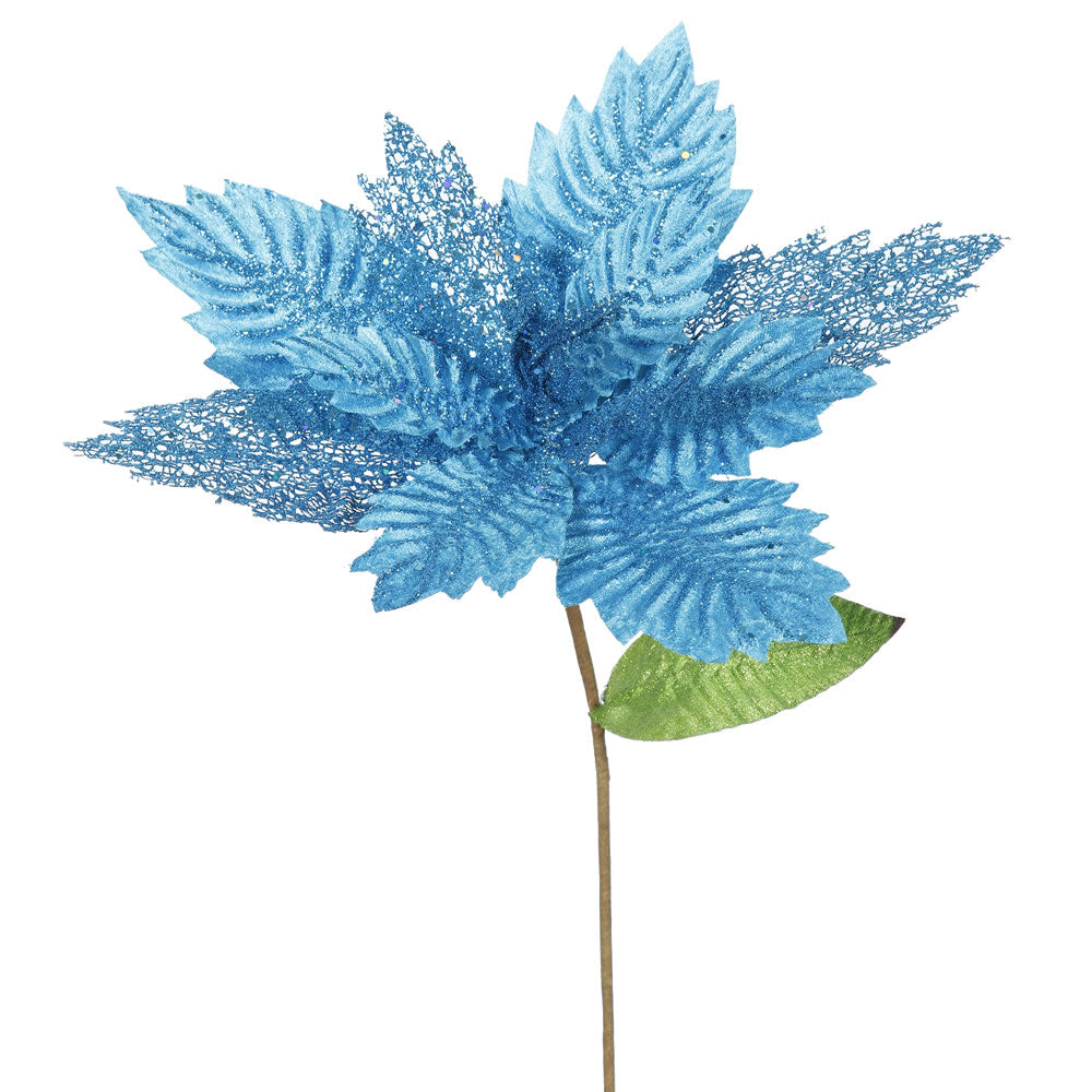6PK - 22" Turquoise Poinsettia 15" Glitter Flower Decorative Christmas Stem