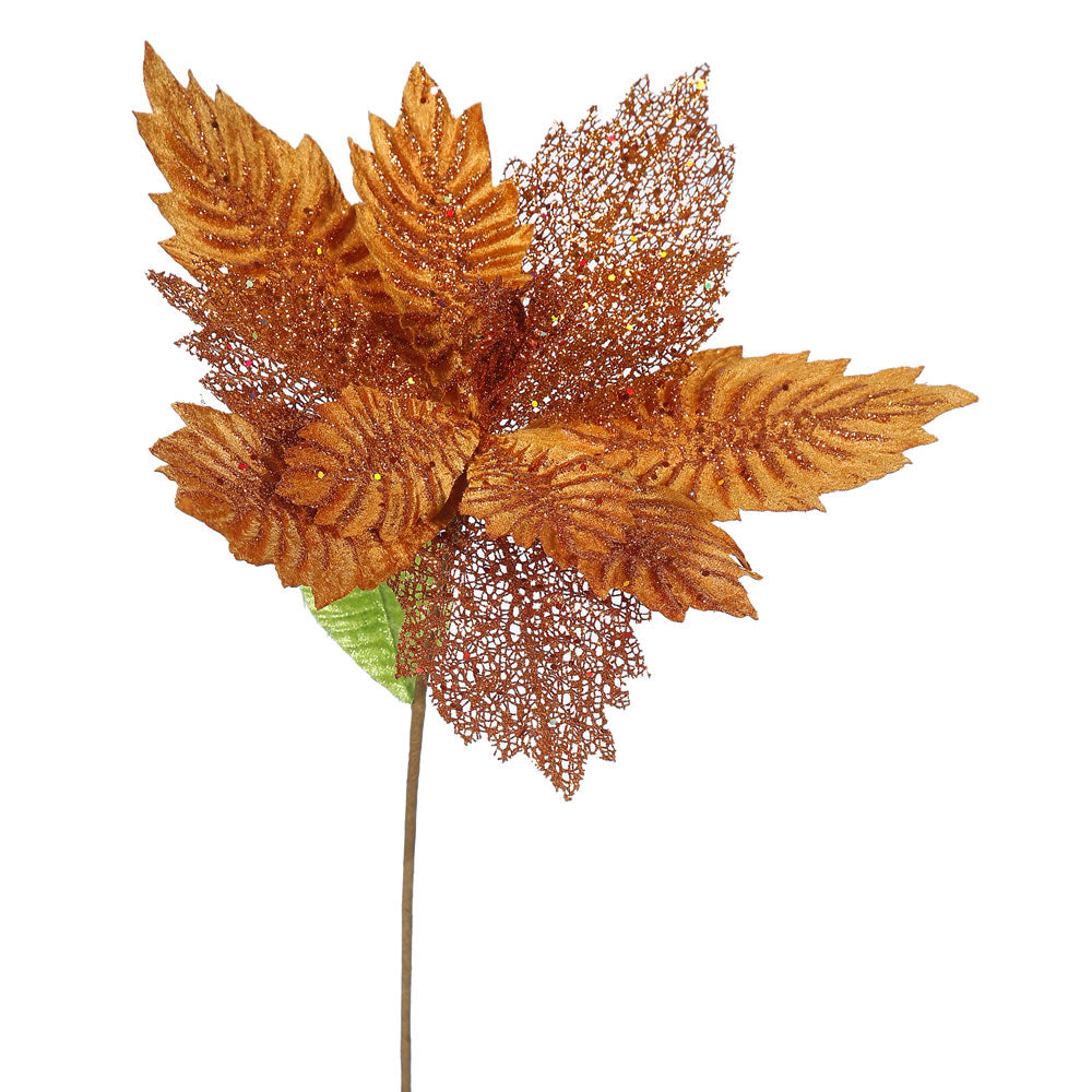 6PK - 22" Copper Poinsettia 15" Glitter Flower Decorative Christmas Stem
