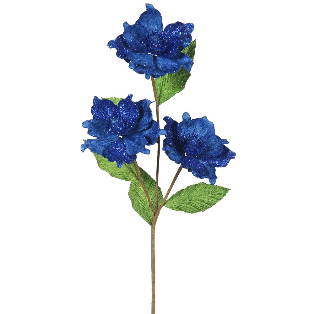 6PK - 33" Blue Magnolia x 3, 4" Flower Decorative Christmas Floral Stem