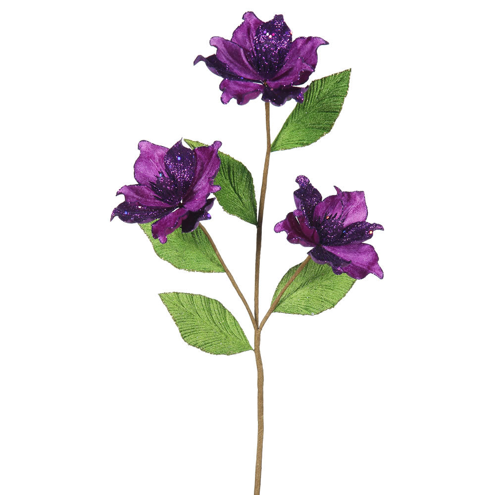 6PK - 33" Purple Magnolia x 3, 4" Flower Decorative Christmas Floral Stem