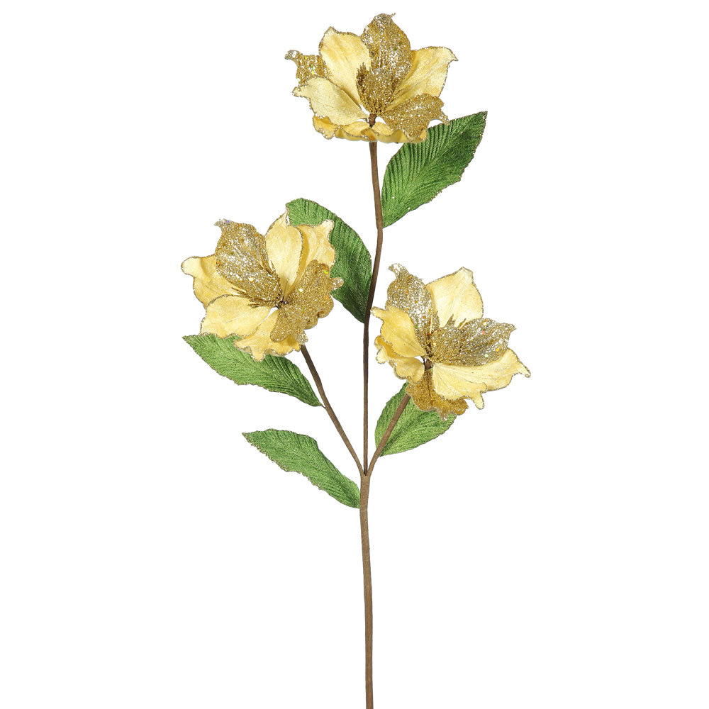 6PK - 33" Gold Magnolia x 3, 4" Flower Decorative Christmas Floral Stem