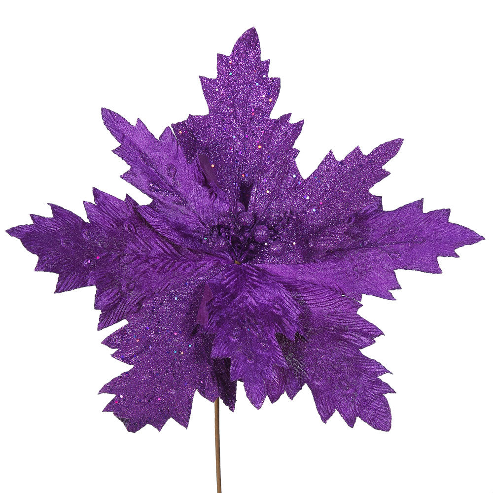 6PK - 22" Purple Poinsettia 21" Glitter Flower Decorative Christmas Stem