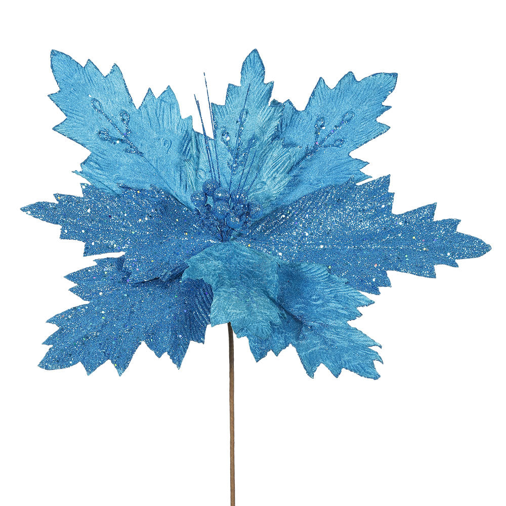 6PK - 22" Turquoise Poinsettia 21" Glitter Flower Decorative Christmas Stem