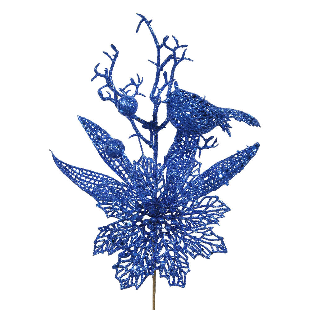 12PK - 13" Blue Glitter Poinsettia and Bird Decorative Christmas Pick