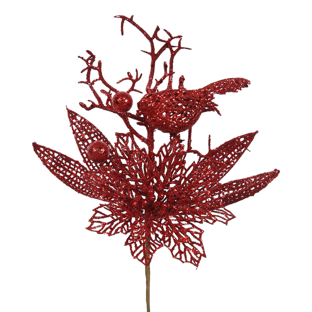 12PK - 13" Red Glitter Poinsettia and Bird Decorative Christmas Pick