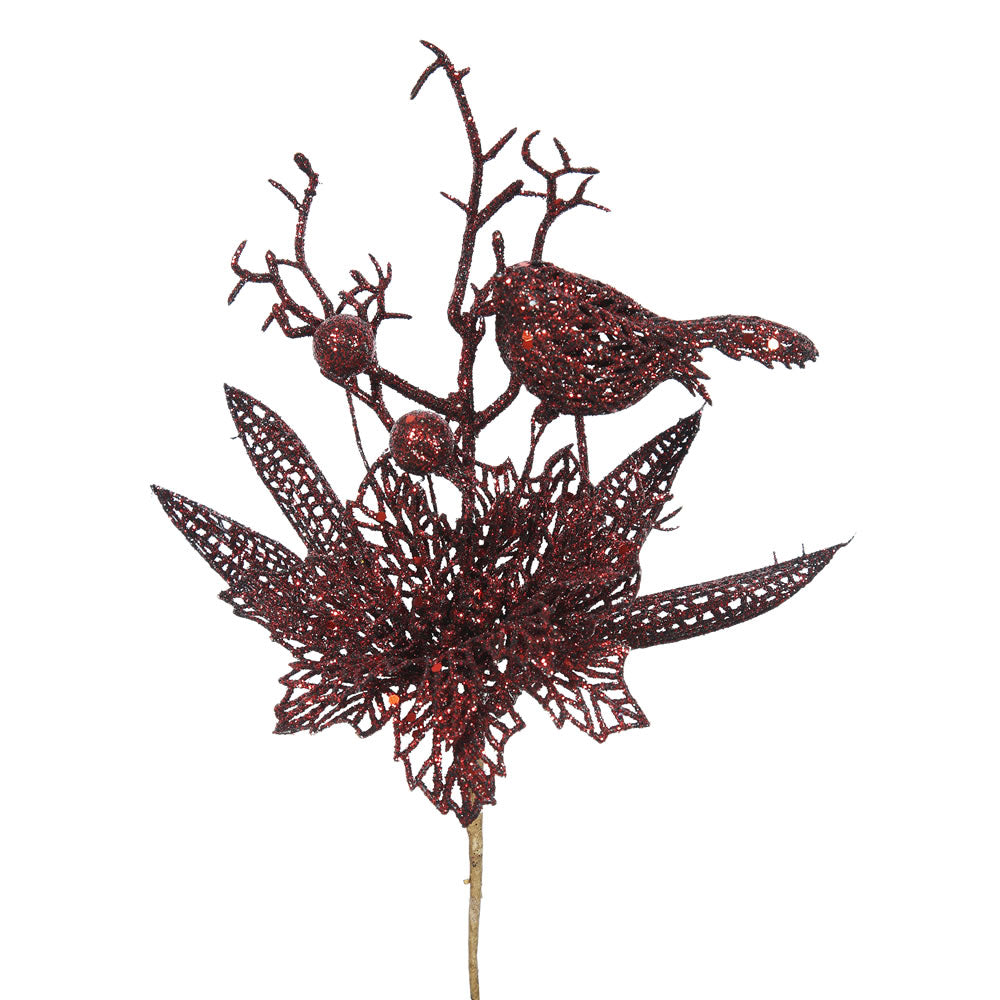 12PK - 13" Burgundy Glitter Poinsettia and Bird Decorative Christmas Pick