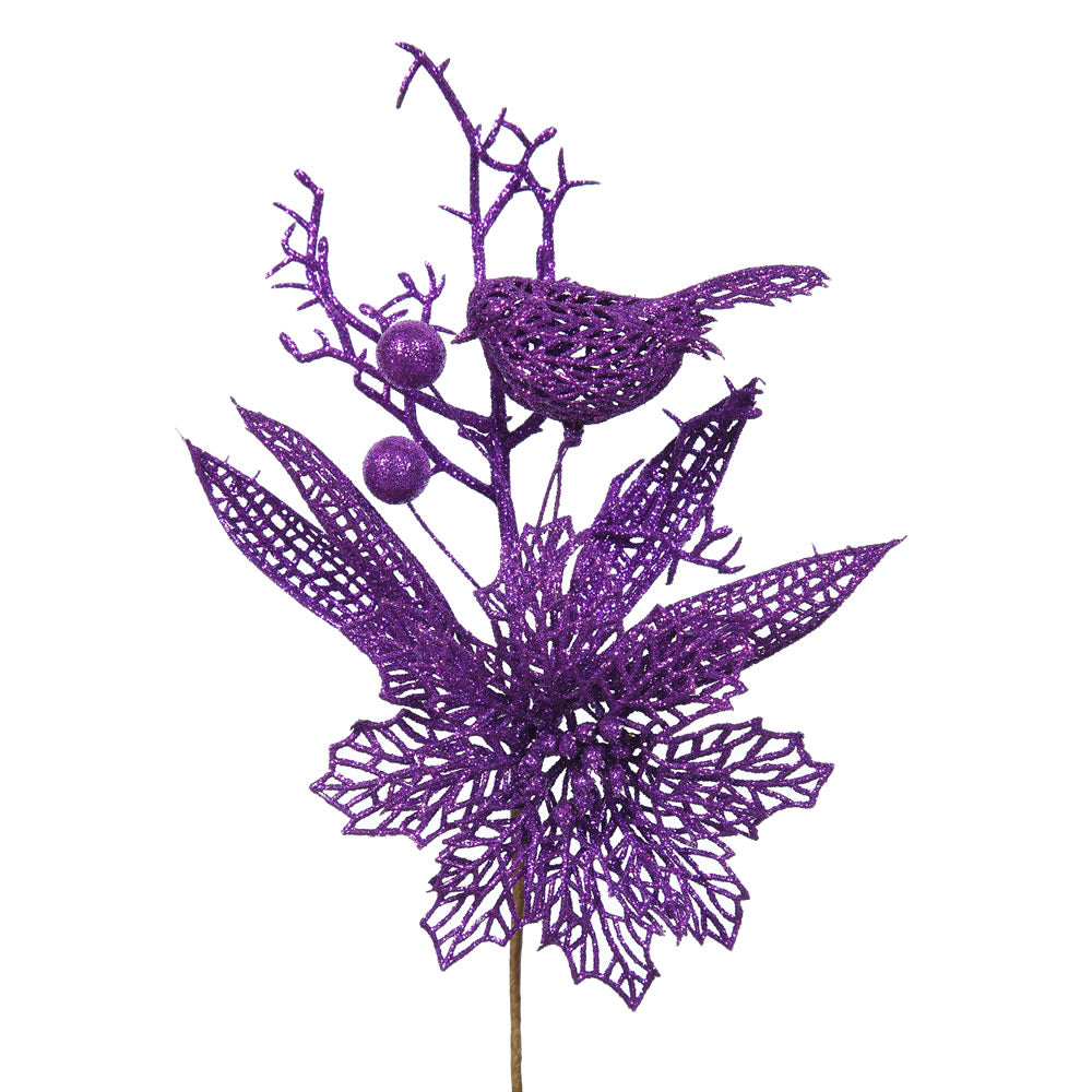 12PK - 13" Purple Glitter Poinsettia and Bird Decorative Christmas Pick