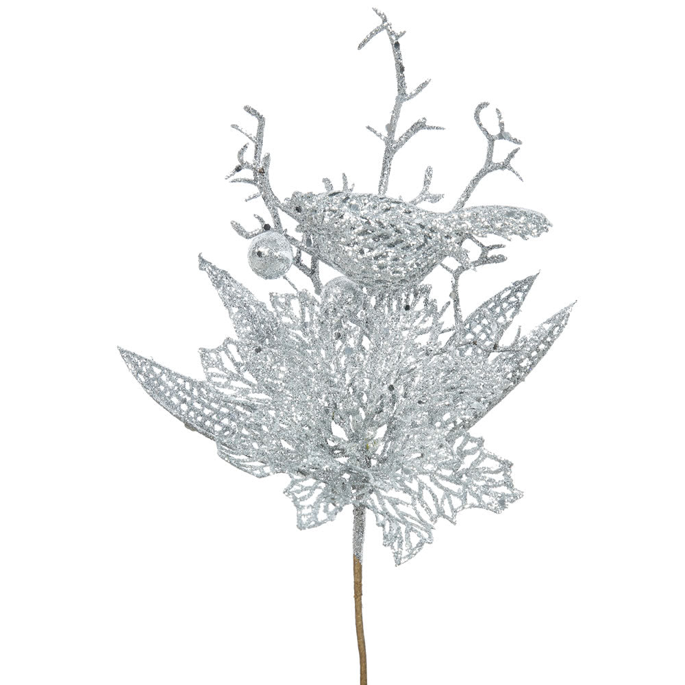 12PK - 13" Silver Glitter Poinsettia and Bird Decorative Christmas Pick