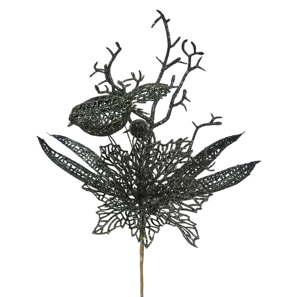 12PK - 13" Olive Glitter Poinsettia and Bird Decorative Christmas Pick