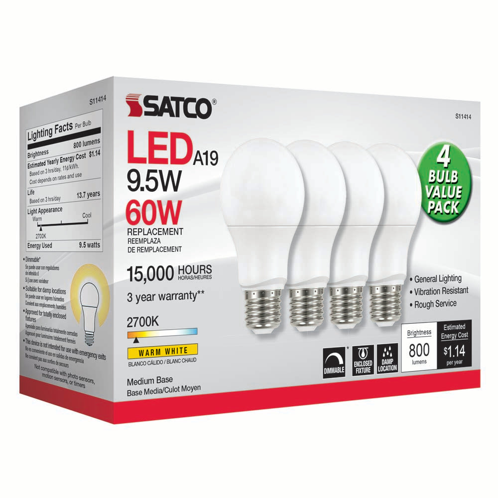 4Pk - Satco 9.5w 120v A19 LED Bulb E26 Medium Base 2700k Warm White ...