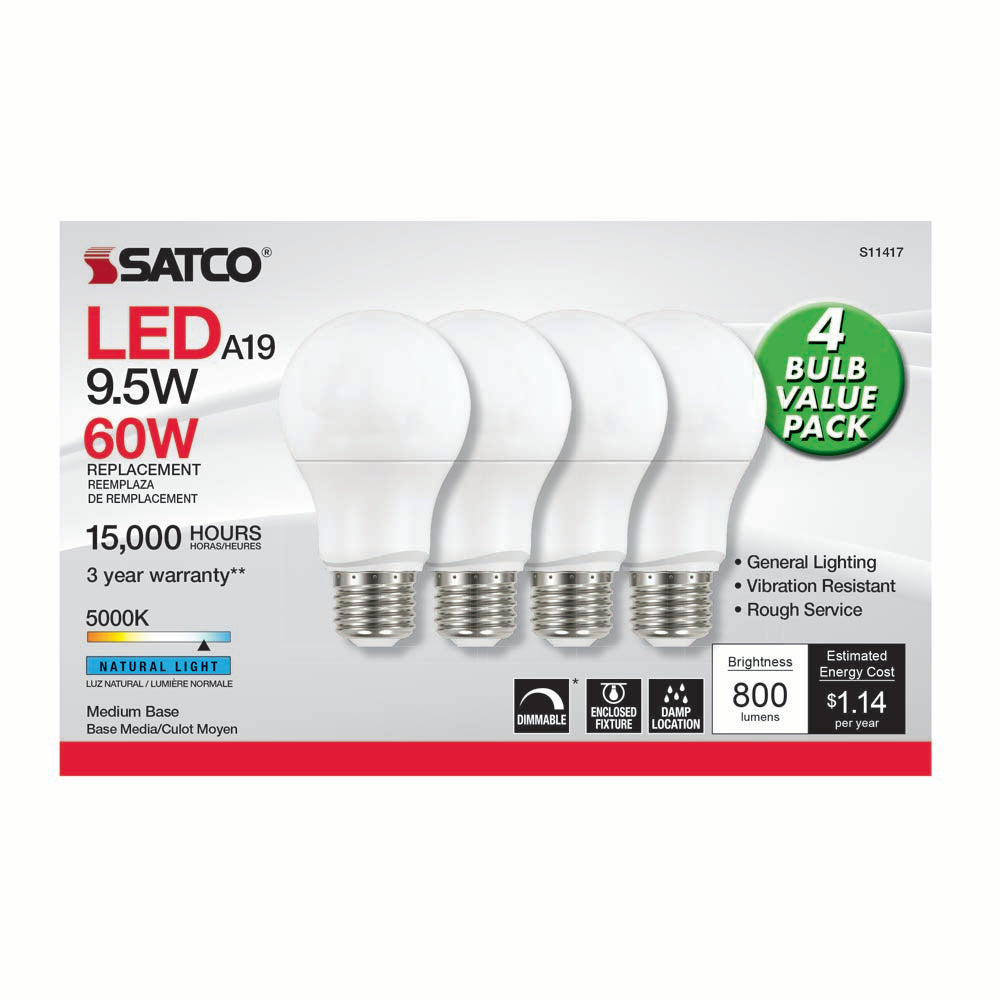 4Pk - Satco 9.5w 120v A19 LED Bulb E26 Base 5000k Natural Light - 60w-equiv