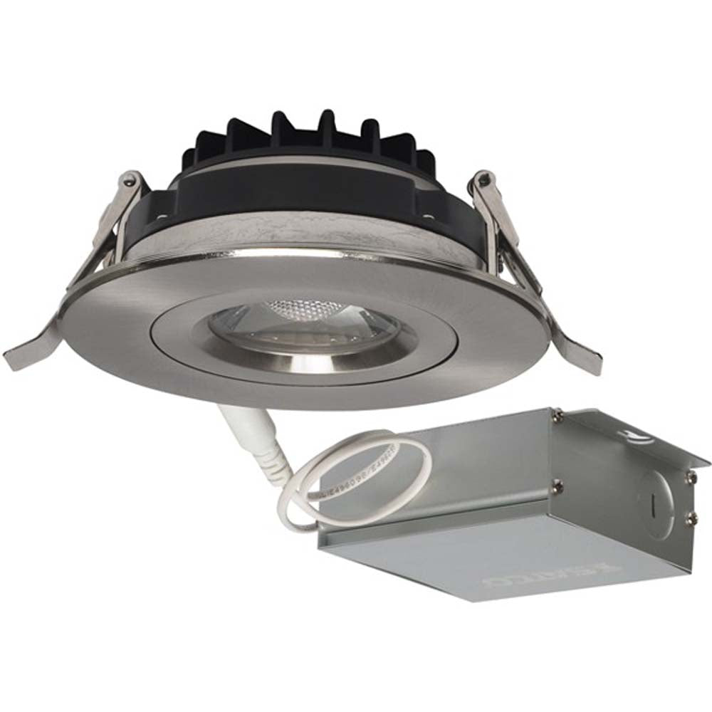12 watt LED Direct Wire Downlight Gimbaled 4 inch 3000K 120 volt Dimmable Round Remote Driver Brushed Nickel