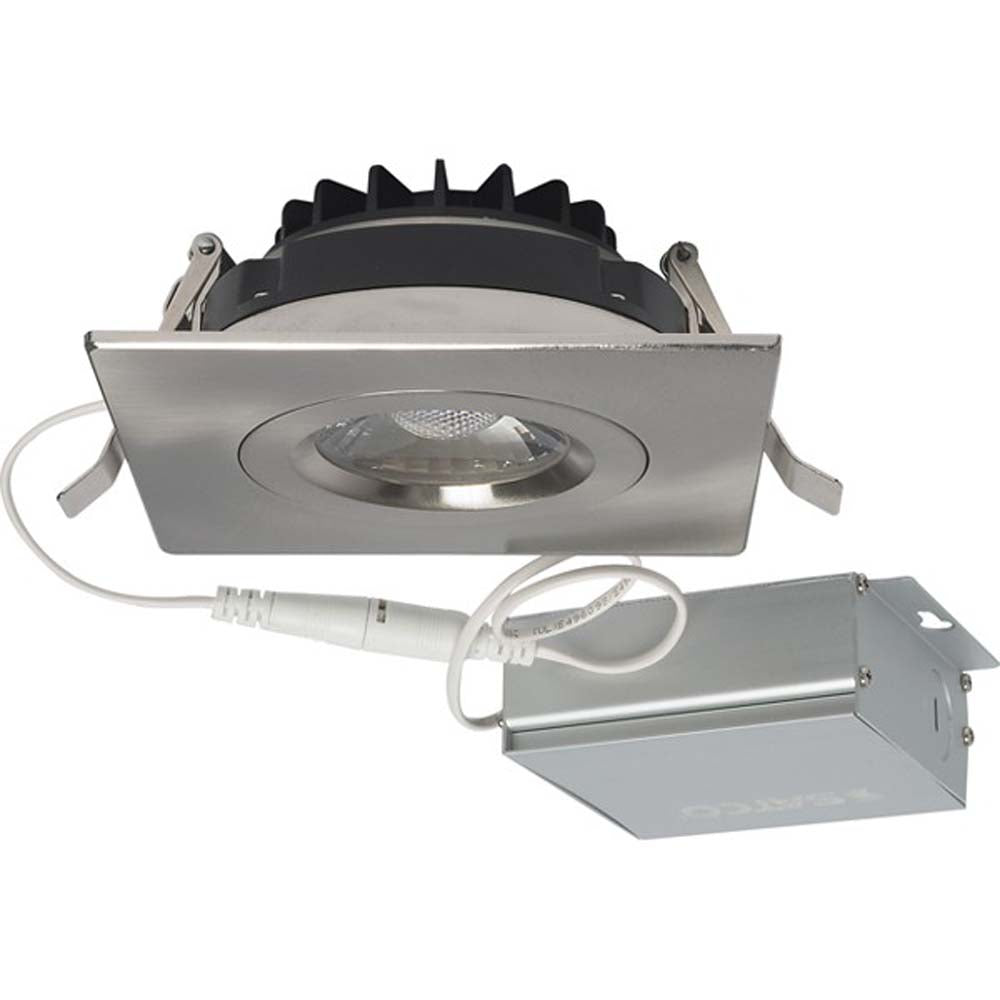12 watt LED Direct Wire Downlight Gimbaled 4 inch 3000K 120 volt Dimmable Square Remote Driver Brushed Nickel