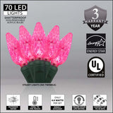 70 Pink C6 LED Christmas Lights, Green Wire, 4" Spacing - BulbAmerica